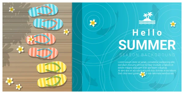 Hello summer background with sandals on wooden pier , vector , illustration — Stock Vector