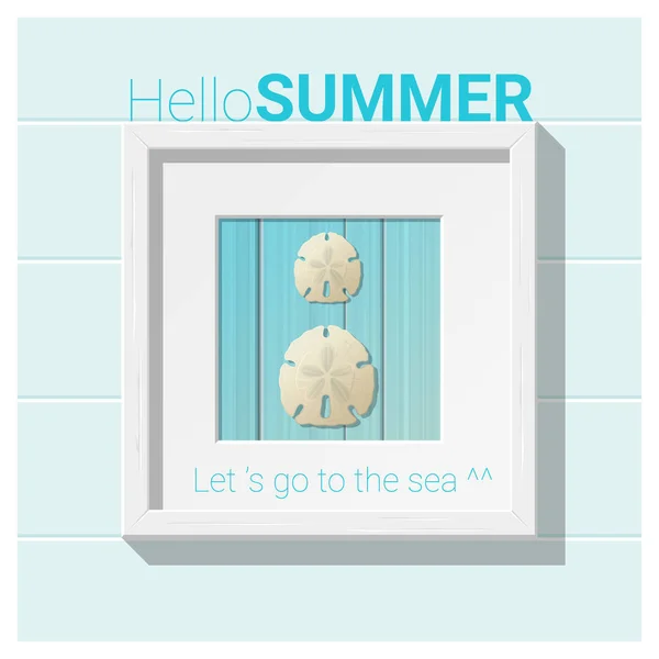 Hallo Sommer Hintergrund mit Muschel Wandkunst, Vektor, Illustration — Stockvektor