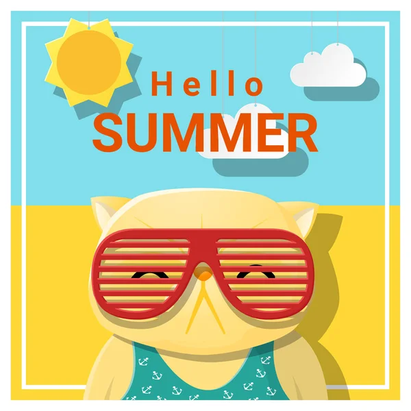 Hallo Sommer Hintergrund mit Katze mit Sonnenbrille, Vektor, Illustration — Stockvektor