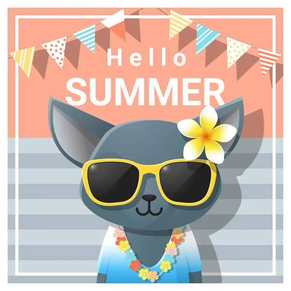 Hello summer background with cat wearing sunglasses, vector, illustration — стоковый вектор