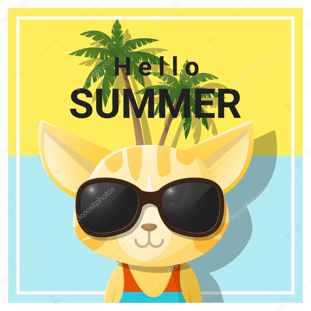 Hello summer background with cat wearing sunglasses , vector , illustration