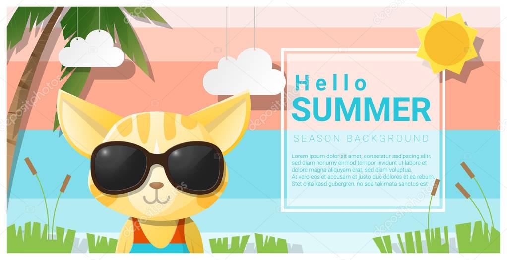 Hello summer background with cat wearing sunglasses , vector , illustration