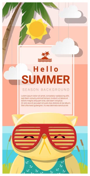 Hola fondo de verano con gato usando gafas de sol, vector, ilustración — Vector de stock