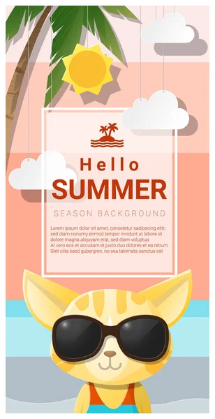 Hallo Sommer Hintergrund mit Katze mit Sonnenbrille, Vektor, Illustration — Stockvektor
