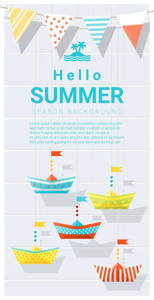 Hola fondo de verano con colorido barco de papel, vector, ilustración — Vector de stock