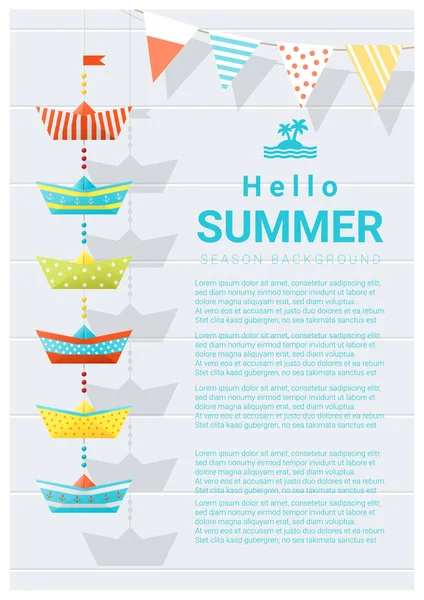 Hallo Sommer Hintergrund mit buntem Papierschiff, Vektor, Illustration — Stockvektor