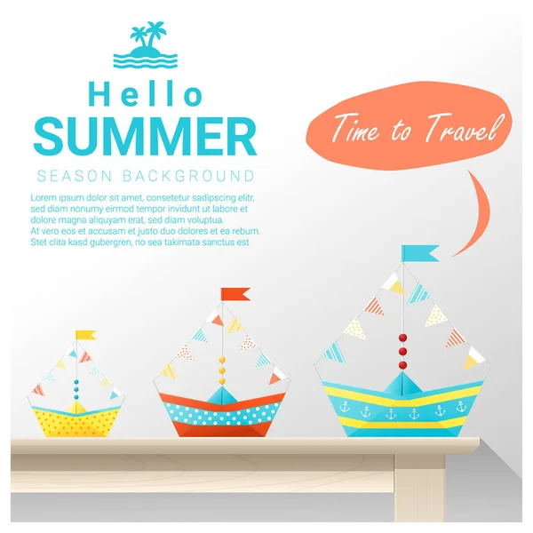 Hello summer background with colorful paper ship, vector, illustration — стоковый вектор