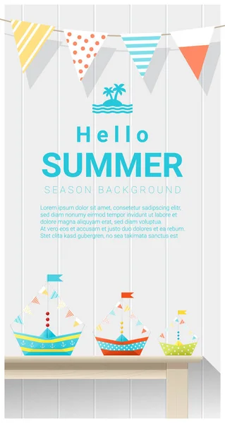 Hallo Sommer Hintergrund mit buntem Papierschiff, Vektor, Illustration — Stockvektor