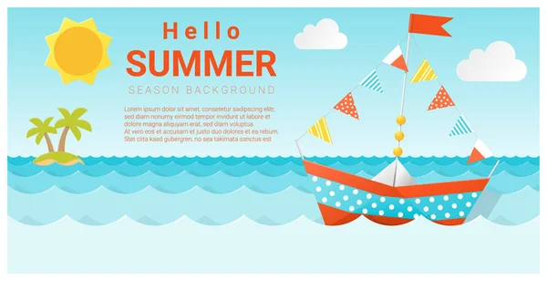 Hola fondo de verano con colorido barco de papel, vector, ilustración — Vector de stock