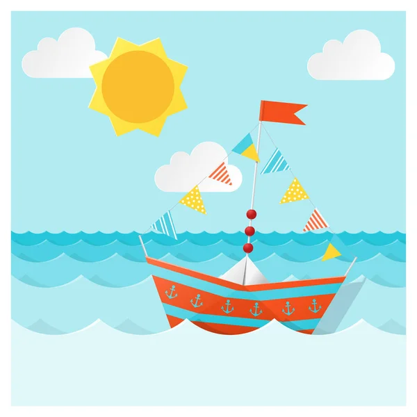 Nave di carta colorata che naviga sul mare, vettore, illustrazione — Vettoriale Stock