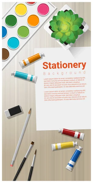 Papeterie de fond avec fournitures scolaires sur table en bois, vecteur, illustration — Image vectorielle