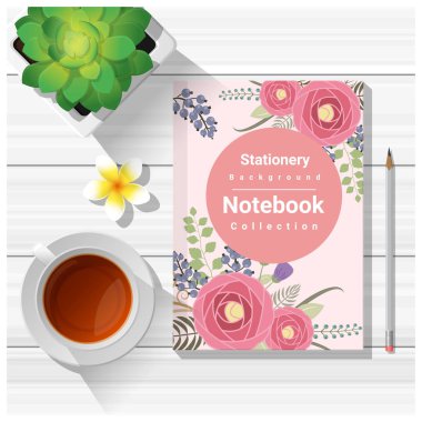 Ahşap masa arka plan, vektör, illüstrasyon renkli defter ile yaz sahne
