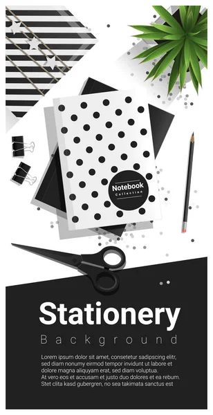 Escena creativa con fondo de papelería en blanco y negro, vector, ilustración — Vector de stock