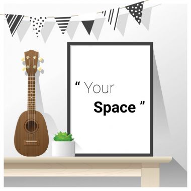 İç poster boş çerçeve ve ukulele ahşap masa, vektör, illüstrasyon ile sahte