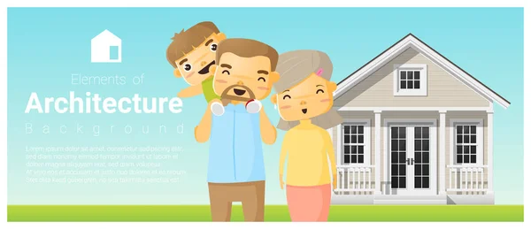 Happy family standing outside their house background , vector , illustration — Stock Vector