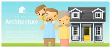 Kendi evin arka plan, vektör, illüstrasyon dışında mutlu aile ayakta