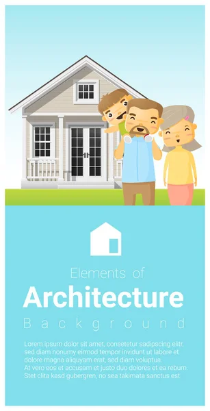 Famille heureuse debout à l'extérieur de leur fond de maison, vecteur, illustration — Image vectorielle
