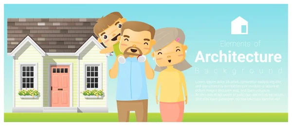 Familia feliz de pie fuera de su casa fondo, vector, ilustración — Vector de stock