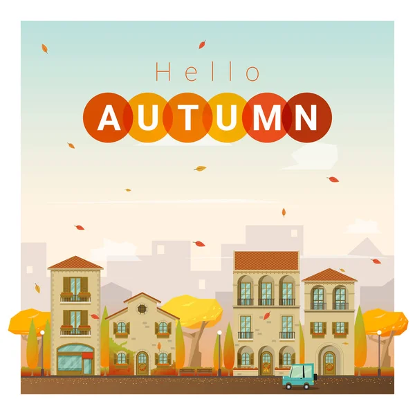 Hola otoño paisaje urbano fondo, vector, ilustración — Vector de stock