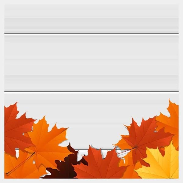 Hola fondo de otoño con hojas de colores en tablero de madera, vector, ilustración — Vector de stock