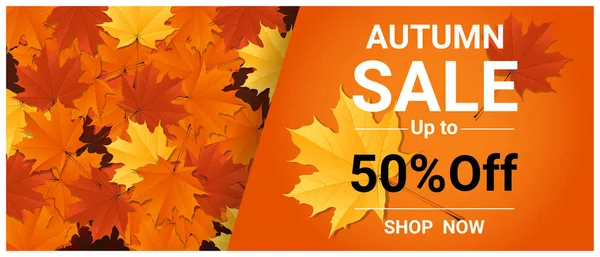 Bannière de vente d'automne avec feuilles colorées, vecteur, illustration — Image vectorielle