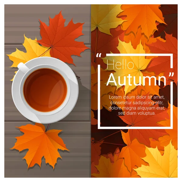你好，秋天背景与杯茶木板、 矢量、 插图 — 图库矢量图片
