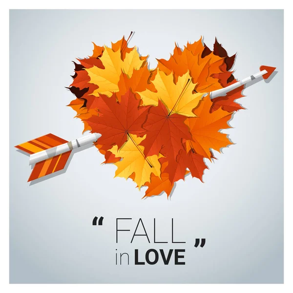 Γεια σας φθινόπωρο φόντο με καρδιά σχήμα φύλλα και βέλος, διάνυσμα, εικονογράφηση — Διανυσματικό Αρχείο