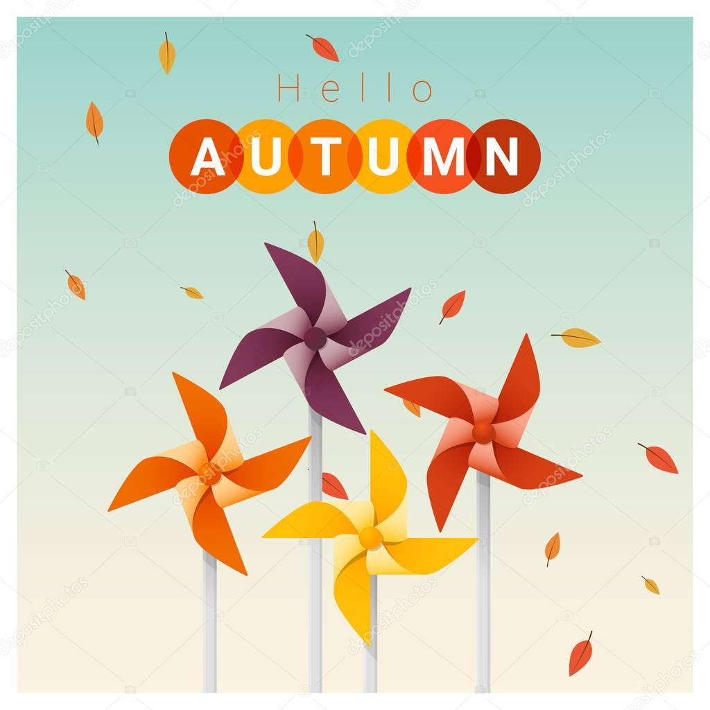 Hello autumn background with colorful pinwheels , vector , illustration