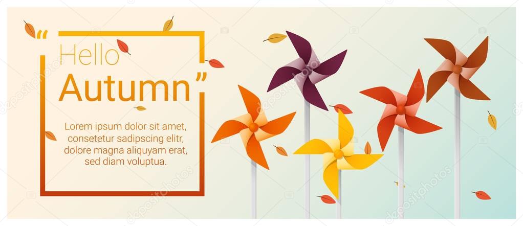 Hello autumn background with colorful pinwheels , vector , illustration
