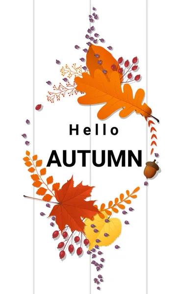 Hallo Herbst Hintergrund mit dekorativem Kranz auf Holzbrett, Vektor, Illustration — Stockvektor