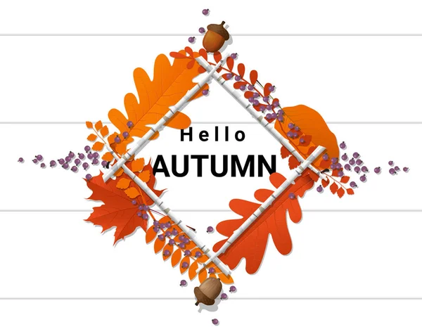 Hola fondo de otoño con corona decorativa en tablero de madera, vector, ilustración — Vector de stock