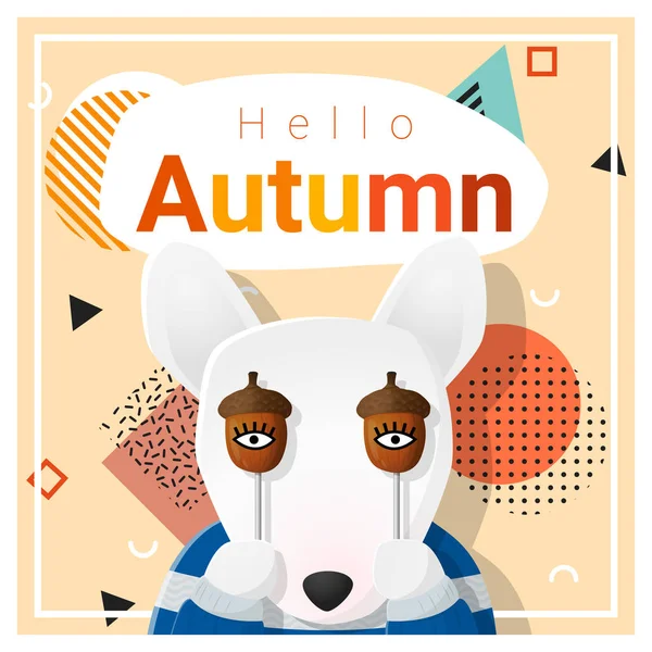 Γεια σας φθινόπωρο φόντο με χαρούμενο σκυλί, διάνυσμα, εικονογράφηση — Διανυσματικό Αρχείο
