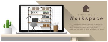 Modern ofis işyeri, vektör, illüstrasyon iç tasarım