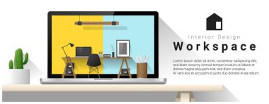 Modern ofis işyeri, vektör, illüstrasyon iç tasarım