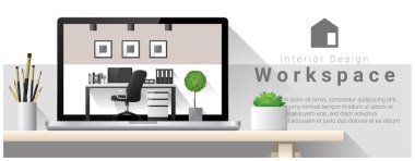 Modern ofis işyeri, vektör, illüstrasyon iç tasarım