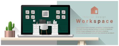 Modern ofis işyeri, vektör, illüstrasyon iç tasarım