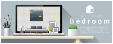 Modern yatak odası iç tasarım arka plan, vektör, illüstrasyon