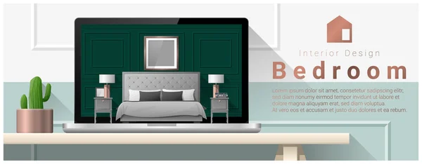 Camera da letto moderna interior design sfondo, vettore, illustrazione — Vettoriale Stock
