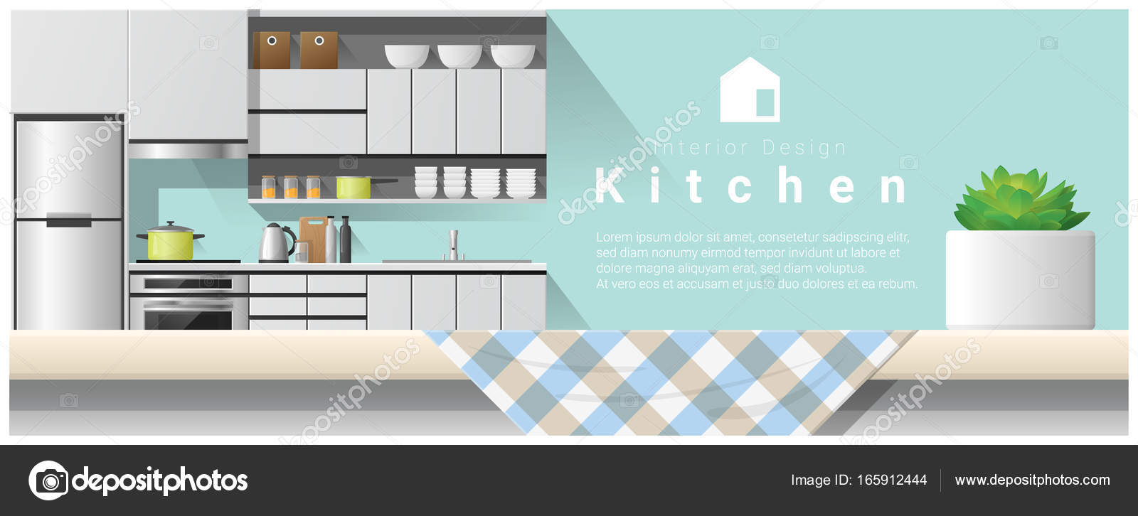 Interior Design With Table Top And Modern Kitchen Background Vector Illustration Vector Image By C Littleartvector Vector Stock 165912444