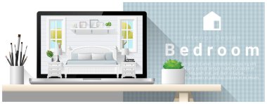 Modern yatak odası iç tasarım arka plan, vektör, illüstrasyon