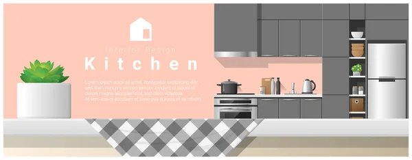Design de interiores com tampo de mesa e cozinha moderna fundo, vetor, ilustração —  Vetores de Stock