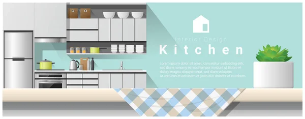 Design d'intérieur avec dessus de table et fond de cuisine moderne, vecteur, illustration — Image vectorielle