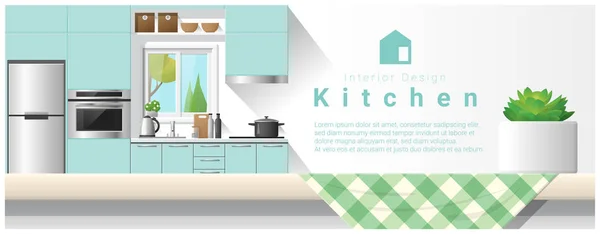 室内设计与表顶部和现代厨房背景、 矢量、 插图 — 图库矢量图片