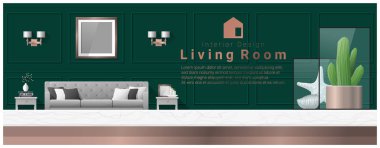 Masa üstü ve Modern oturma odası arka plan, vektör, illüstrasyon iç tasarım