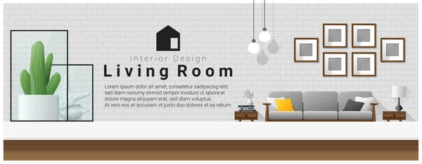 Interieur met tafelblad en moderne woonkamer achtergrond, vector illustratie — Stockvector