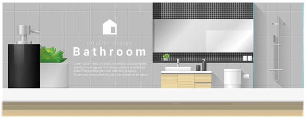 Diseño interior con sobremesa y baño moderno fondo, vector, ilustración — Vector de stock