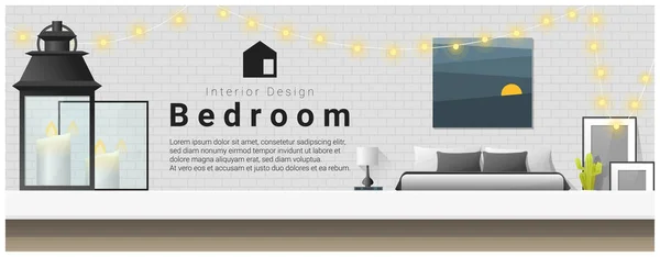 Diseño de interiores con tablero de mesa y fondo de dormitorio moderno, vector, ilustración — Vector de stock