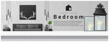 Masa üstü ve Modern Yatak odası arka plan, vektör, illüstrasyon iç tasarım