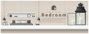 Masa üstü ve Modern Yatak odası arka plan, vektör, illüstrasyon iç tasarım