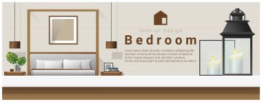 Masa üstü ve Modern Yatak odası arka plan, vektör, illüstrasyon iç tasarım